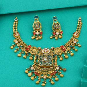 Temple gold necklace set with antique finish green red <b>stones</b> and matching earrings bridal jewelry elegant festive wear - Product Image 3