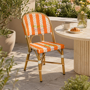 Chaise de bistrot d'extérieur <span class=keywords><strong>HappyLife</strong></span> à dossier tissé rayé, finition bambou - Product Image 1