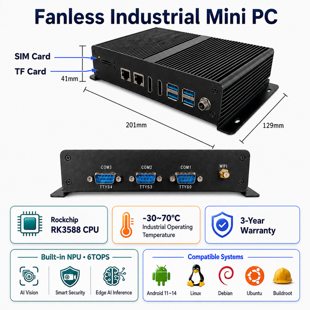 Rockchip RK3588 Fanless Industrial Mini PC 3-Year Warranty WIFI6 6 TOPS 8K 4GB/8GB RAM 256GB ROM 100% Brand-New