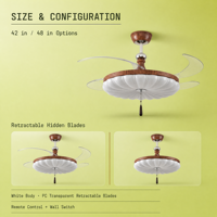 Ventilateur de plafond invisible rétractable de 42 pouces avec lumière LED et télécommande