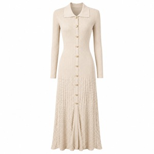 Robe longue maxi en maille ajourée pour femme, manches longues, boutonnage simple, décontractée d'été, coupe ajustée, col en V, à lacets, antistatique, naturelle - Product Image 2