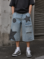 Celana Pendek Denim Pria 14oz Model Straight Leg Custom, Aksen Patchwork Bintang, Efek Acid Wash, Baggy, Bernapas, Cocok untuk Musim Panas, Streetwear, Cargo, Produsen OEM