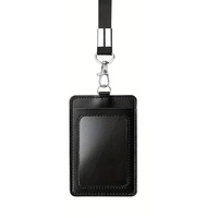 Porte-badge d'identification en cuir PU noir avec enrouleur rétractable et cordon, double fente verticale pour cartes, porte-carte de travail pour employé de bureau