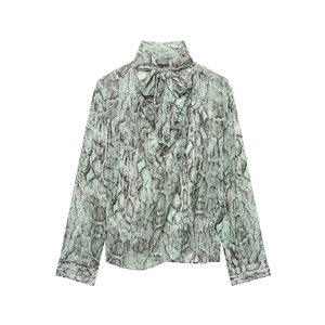 เสื้อเชิ้ตแขนยาวลายสัตว์พิมพ์ลายเสือดาวประดับโบว์สำหรับผู้หญิง คอลเลคชั่นฤดูใบไม้ร่วงปี 2026 พร้อมเชือกผูกคอ สไตล์วินเทจ รับผลิตแบบ OEM/ODM - Product Image 1