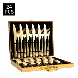 24PCS Pas Cher En Acier Inoxydable Cuillère Fourchette Couteau Couverts Boîte Dorée Solige Miroir De Haute Qualité Ensemble Complet de Couverts pour Restaurants - Product Image 1