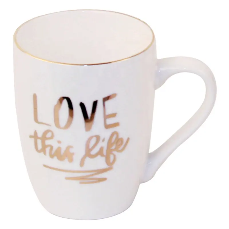 Life word bulk buy bone china customized cup coffee tea 11oz wholesale plain white porcelain ceramic mug with gold word