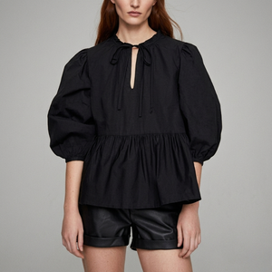 Vietnam Manufacturer Women's Black Poplin Blouse With <b>Balloon</b> Sleeves Slash Neck Bow Detail Loose Fit Modern Romantic Style - Product Image 1