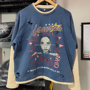 ผู้ผลิตเสื้อยืดแขนยาวแบบกำหนดเอง ลายกราฟิกแบบทำเก่า ผ้าฝ้าย 100% เสื้อยืดสตรีทแวร์สองชั้นสำหรับผู้ชาย - Product Image 1