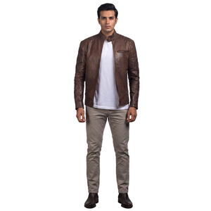 Finer Threads <b>Men's</b> Genuine <b>Leather</b> <b>Jacket</b> Breathable Coated Vintage Distressed Style Stand Collar Zippered Pockets High Street - Product Image 1