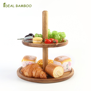 OEM Idealbamboo 2-Tier Round Acacia Wooden Cake Stand Laser Logo for <strong>Candy</strong> Buffet or Kitchenware Serving <strong>Tray</strong> - Product Image 1