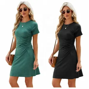 Channel Fast Shipping 2024 Short Sleeve Blank Casual Ruched Work T Shirt Dresses Women For Summer