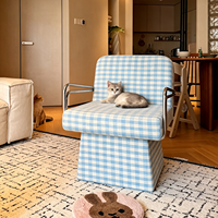 Fauteuil pivotant à 360 degrés avec structure en métal chromé et coussin en tissu à carreaux pour la maison, le bureau, le salon, la chambre à coucher, le bureau d'étude