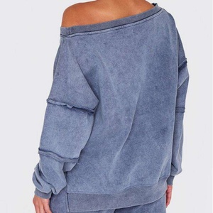 Sudadera con Logotipo Personalizado OEM, Estilo Retro, Lavado Ácido, Efecto Desgastado por el Sol, 100% Algodón, Talla Grande, Efecto Desgastado, Sudadera de un Solo Hombro - Product Image 2