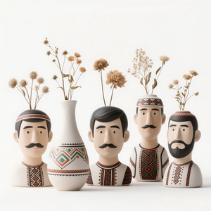 Vaso in Ceramica Souvenir della Bulgaria. Scultura 3D Personalizzata Dipinta a Mano, un Vaso che Unisce l'Arte Floreale al Patrimonio Folcloristico Balcanico - Product Image 1