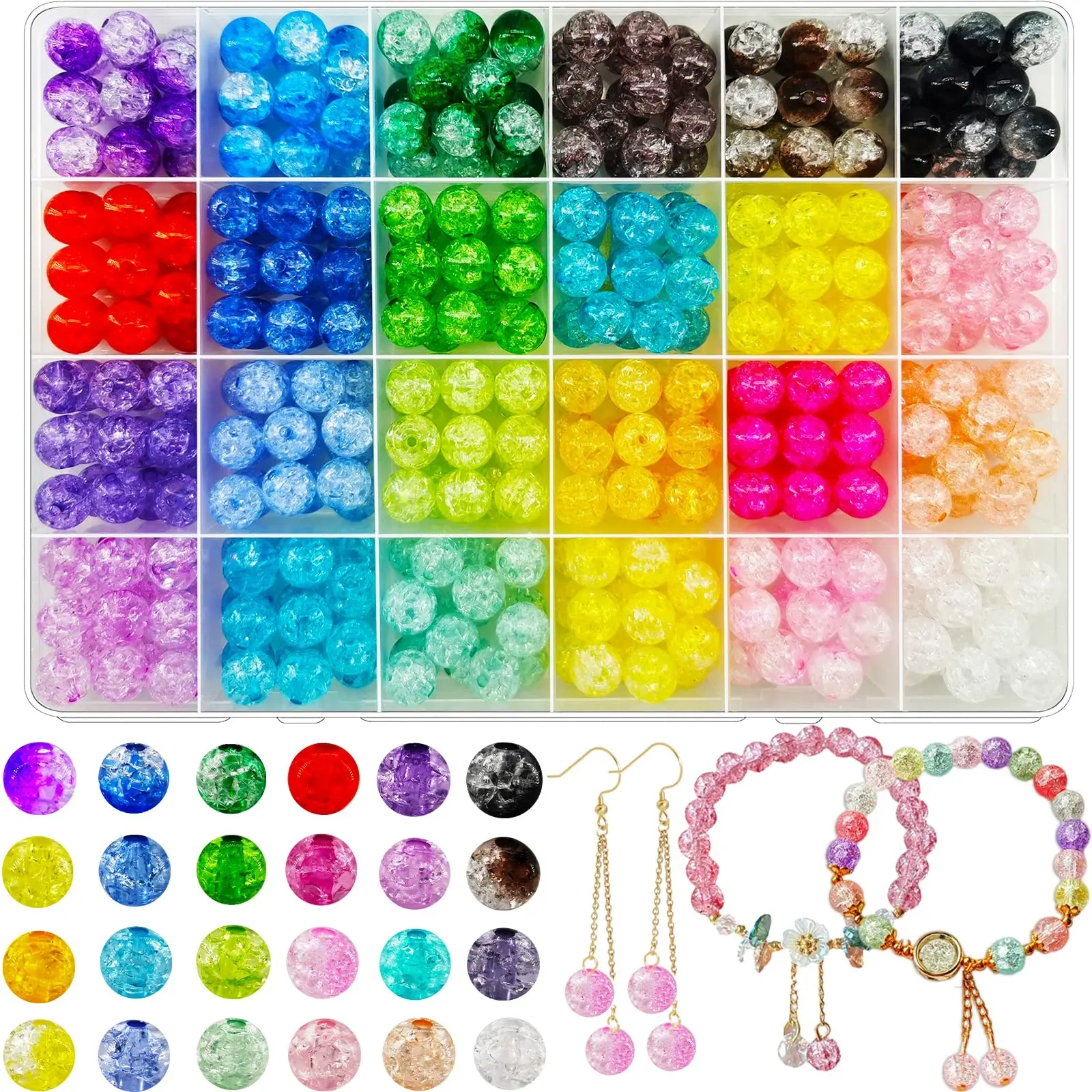 Conjunto de contas espaçadoras de cristal soltas para fazer pulseiras de joias, 408 peças, kit de 24 cores, faça você mesmo, transparente e transparente, com 10 mm, ideal para fazer pulseiras de joias, novidade imperdível de 2023