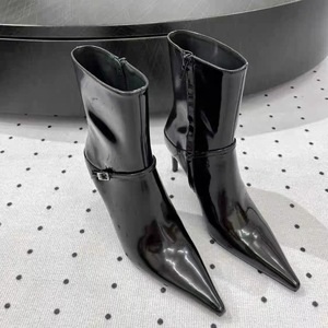 2026 Haute Couture Trendy Super High Heel Pointed Ankle <b>Boots</b> Black Metal Buckle Sexy Thin Heel Side <b>Zip</b> Ladies <b>Boots</b> Wholesale - Product Image 4