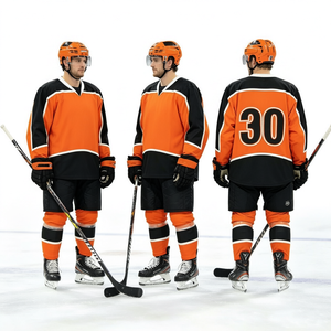 Maillot de hockey sur glace personnalisé professionnel, uniforme d'équipe par sublimation, vêtements de sport respirants en polyester, uniforme à panneaux orange, noir et blanc - Product Image 1