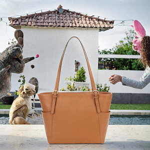 Bolso Tote de Cuero Genuino Marrón con Textura Granulada, Bolso de Hombro con Cierre de Cremallera, Plegable, Impermeable, Bolso de Viaje para Mujer con Dos Correas - Product Image 3