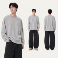 Haut à manches longues personnalisé pour homme, col rond, coupe oversize, noir, pour le streetwear, vente en gros, 100% coton uni, fabrication OEM ODM