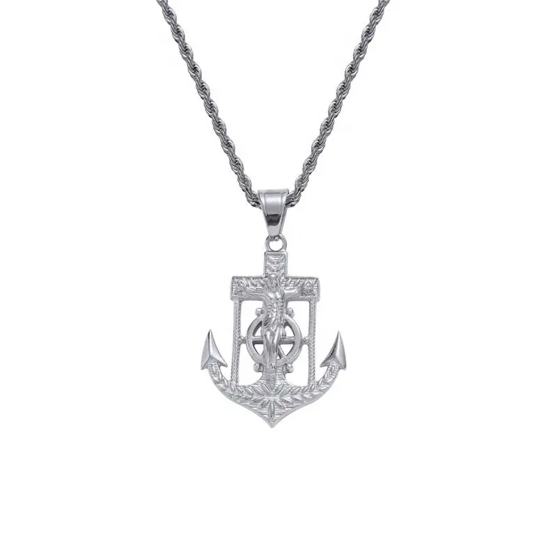 Chaîne de corde avec collier hip hop en acier inoxydable avec pendentif ancre de pirate