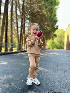 Set di abbigliamento Casual 2 pezzi in maglia a coste per bambine Pullover a maniche lunghe felpa con volant <span class=keywords><strong>Leggings</strong></span> taglie autunnali - Product Image 4