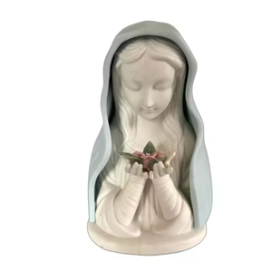 Busto de Cerámica Vintage de la Virgen María con Túnica Azul y una Rosa Rosa - Product Image 1