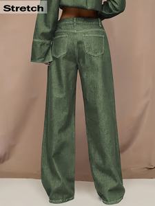 Jeans Verdes de Mujer, Estilo Urbano, para Verano y Otoño, Elásticos, de Pierna Ancha, Corte Recto, Lavados, con Cinturón, Bolsillos y Cintura Alta - Product Image 5