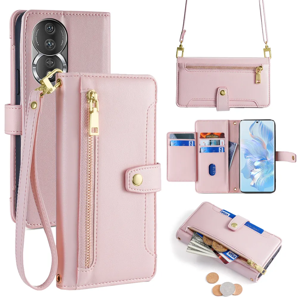 Retro Flip Leather Phone Case For honor x8 Zipper Wallet Card Cover For honor x8 x9a50 70 80 With long Shoulder Strap