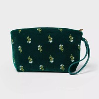 Pochette cosmétique personnalisée en velours vert foncé brodée de fleurs, avec dragonne et fermeture éclair, sac de maquillage vintage, trousse de toilette de voyage