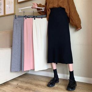 Automne mode tricot jupes longues pour femmes taille élastique fendu jupe crayon coréen décontracté élégant doux Harajuku tricot rose jupe - Product Image 1