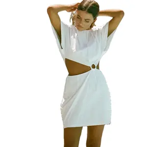 定制设计女士高缝双膨化袖子烟熏紧身胸衣轻薄亚麻面料-100% 亚麻白色迷你裙