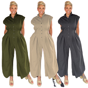 Women's Sleeveless High Waist Solid Color Oxford <b>Jumpsuit</b> Turn-down Collar Loose Fit Full Length Casual Spring Summer Wear - Product Image 1
