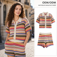 Ensemble deux pièces pour femme, cardigan en tricot rayé et short, manches courtes, col rabattu, été, prix de gros personnalisé ODM