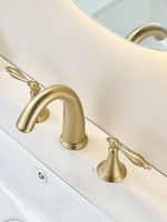 Robinet de lavabo européen en laiton massif à double poignée et trois trous, finition céramique or brossé, eau froide et chaude, jet doux et colonne fine
