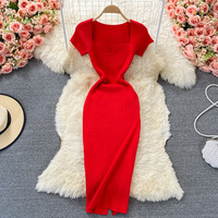 Robe pull tricotée coréenne écologique pour femme, coupe ajustée, manches courtes, couleur unie, style bohème, moulante aux hanches, longueur midi, décontractée