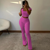 Nuevo Conjunto de 2 Piezas para Mujer, Verano, Manga Corta, Cuello en U, Pantalones con Puños, Color Sólido, Conjunto de Loungewear Acanalado