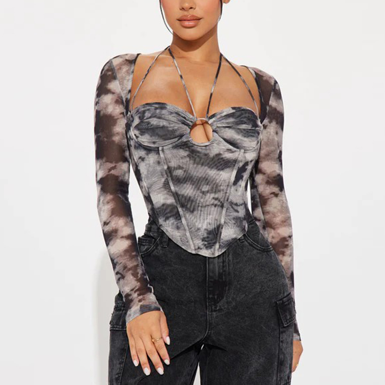 Benutzer definierte Langarm Tie-Dye Tops Frauen Plus Size Streetwear Casual Strap Sweetheart Neck Shirts Kleidung Blusen & Sexy Tops