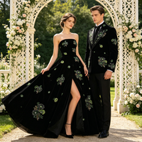 Tissu en velours noir haute couture avec maille tissée, perles tubulaires 3D en forme de pin, broderie végétale à paillettes vertes brillantes pour tapis rouge de mariage
