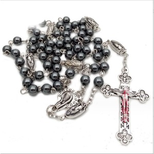 Collier chapelet en calcédoine noire avec pendentif croix en argent tibétain, bijoux religieux vintage pour femmes et hommes - Product Image 1