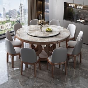 Ensemble de table à manger ronde en bois massif 8 pièces avec plateau tournant pour salle à manger - Product Image 2