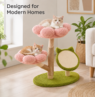 Arbre à chat rose en forme de fleur avec deux lits en peluche, support de style branche et griffoir en forme d'oreilles de chat, conception personnalisée OEM ODM