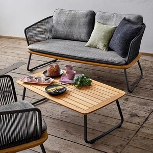 Outdoor Coffee <b>Table</b> <b>Wood</b> Slatted <b>Table</b> Metal Frame Patio <b>Garden</b> Lounge Furniture - Product Image 1