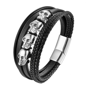 Bracelet en cuir pour homme de haute qualité, vente en gros, acier inoxydable 316L, perles personnalisées en forme de crâne, charme tendance - Product Image 1