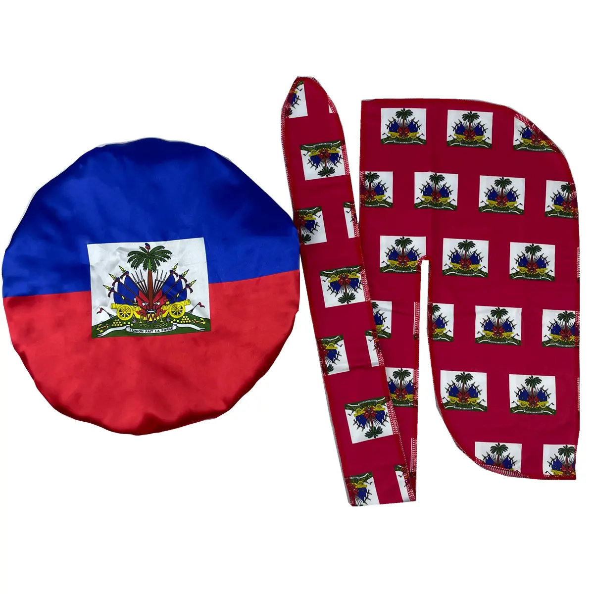 Großhandel reversible benutzer definierte Druck Haitianische Flagge Schlafmütze Designer Satin Haar Durag Motorhaube