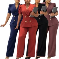 Ensemble de tenues d'été pour femmes en gros : Haut à manches courtes croisé et pantalon large taille haute – Idéal pour le bureau