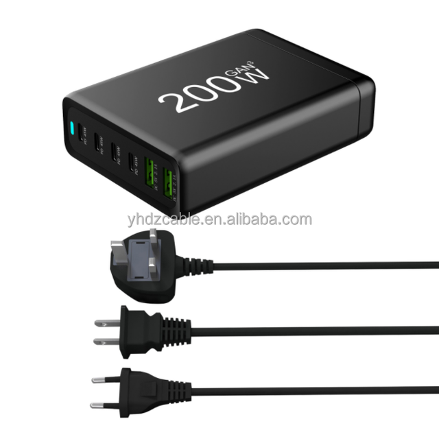 200W GAN Desktop Socket 4USB C+2USB 6 Ports High Power Fast Charger Android Smartphone Universal Travel Wall Charger