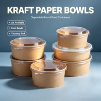 Bols en papier kraft de 500/750/1000/1300 ml, personnalisation à faible MOQ, bol en papier kraft brun de 16 oz avec couvercle transparent en PET/PP