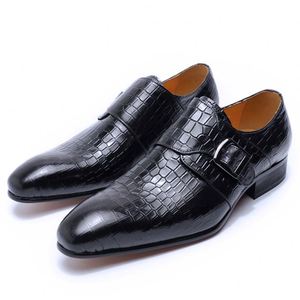 รองเท้าหนังผู้ชายแบบสวม ยอดนิยม ลายพิมพ์ สายรัดแบบ Monk Strap หัวเข็มขัด เหมาะสำหรับงานแต่งงาน งานออฟฟิศ ธุรกิจ สีดำ สีน้ำเงิน - Product Image 2