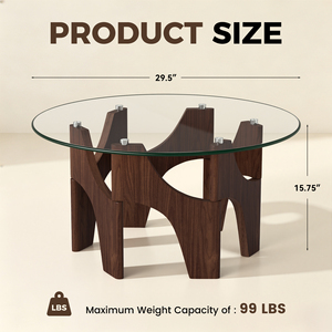 Round Tempered Glass <b>Coffee</b> <b>Table</b> with Solid Wood Geometric <b>Legs</b> Easy Clean Transparent Top Center <b>Table</b> <b>for</b> Living Room - Product Image 6