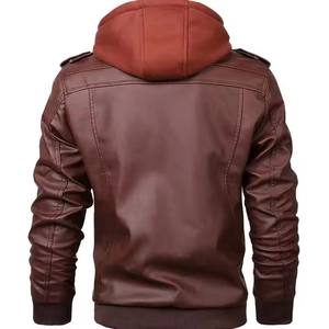 Oem Manufacturer Men's Winter Genuine Vintage PU Leather <b>Jacket</b> With Hooded Sweatshirt European American Style Zipper Pocketed - Product Image 5